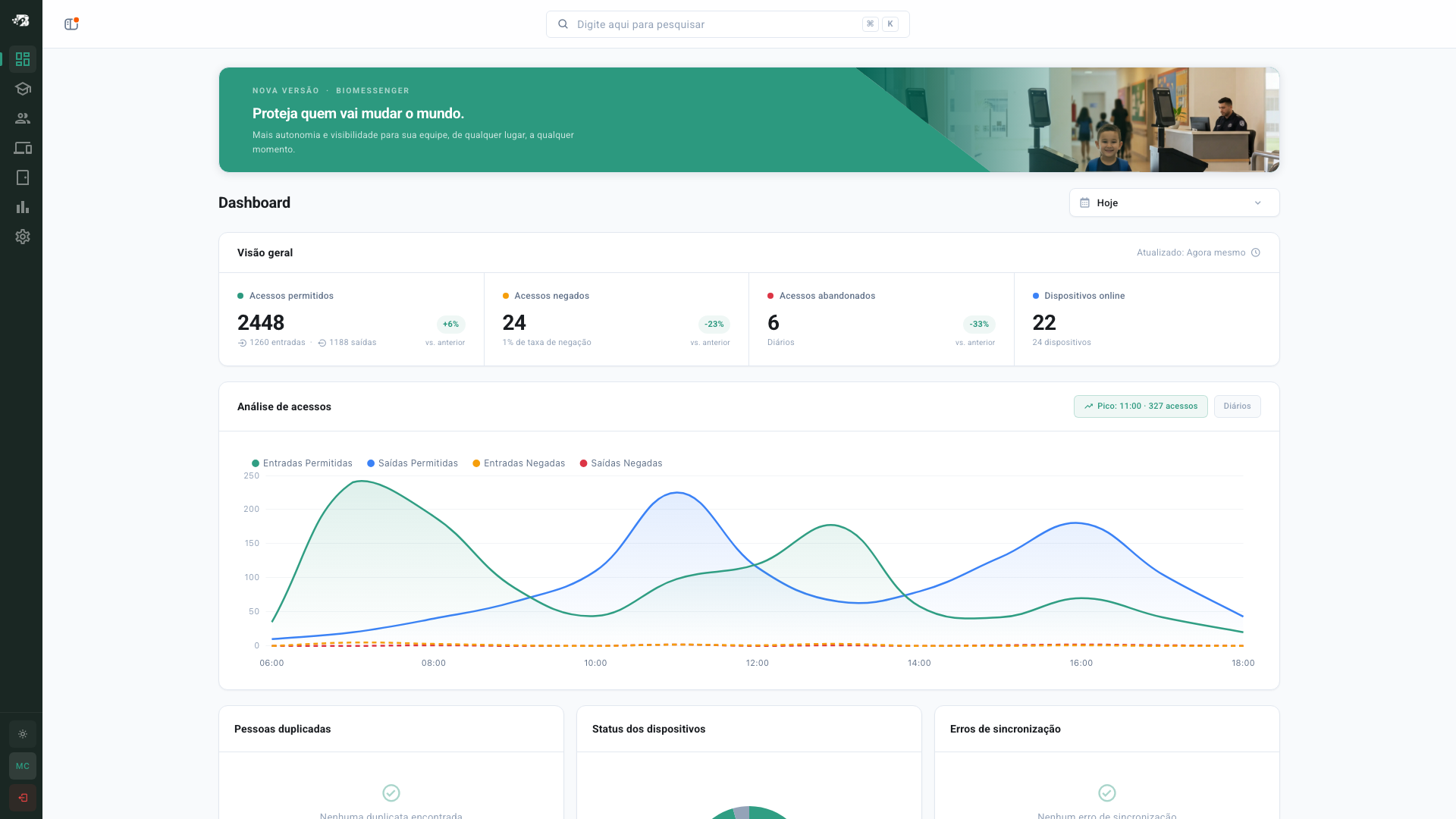Painel do Biomessenger com indicadores de acesso escolar e dispositivos conectados, com conteúdo ilustrativo.