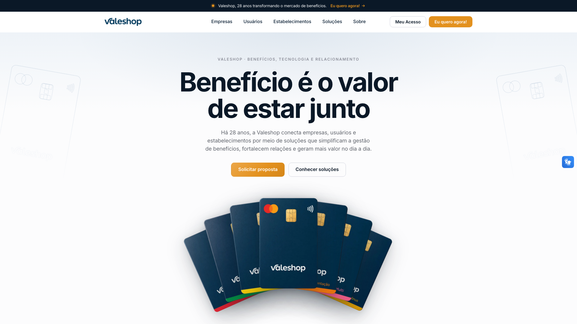 Site corporativo da Valeshop. Captura real da página inicial.